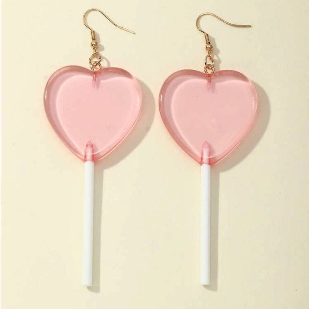 NEW Super Cute Pink Heart Lollipop Decor Earrings